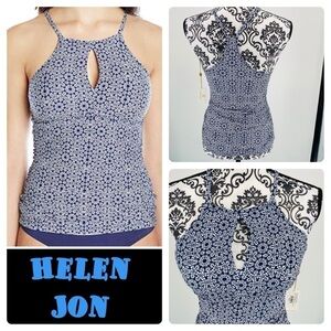 Helen Jon Blue and white Montauk High Neck Tankini geometric. Swim summer beach